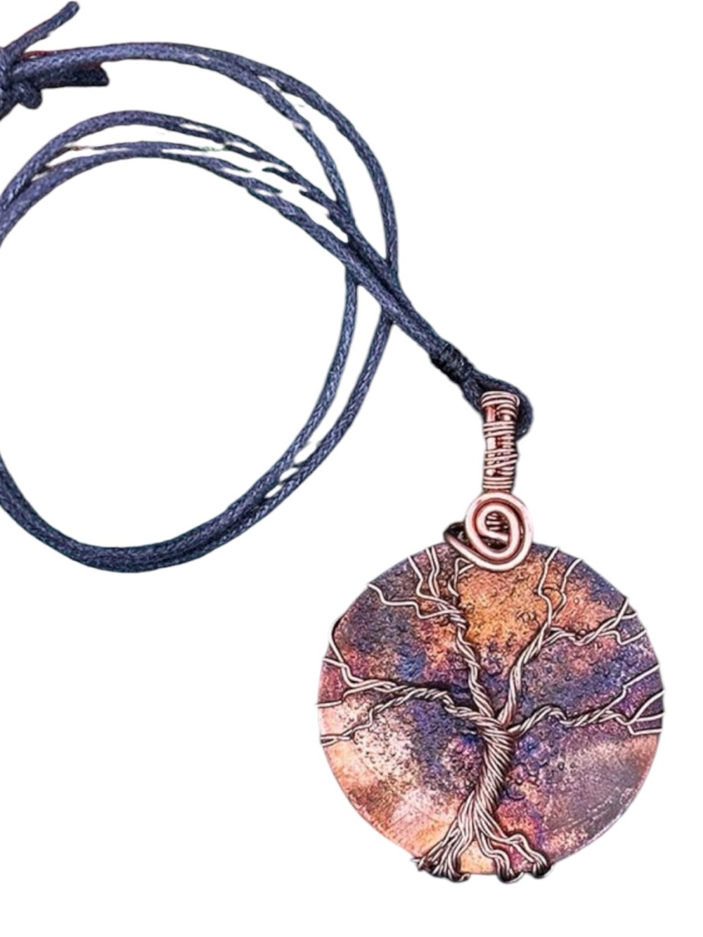 Handmade Copper Tree of Life Pendant Necklace Burnished Copper Cord Adjustable